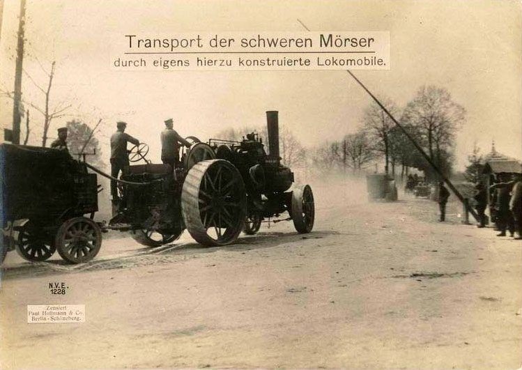 Transport of the heavy mortars by specially designed lokomobile.