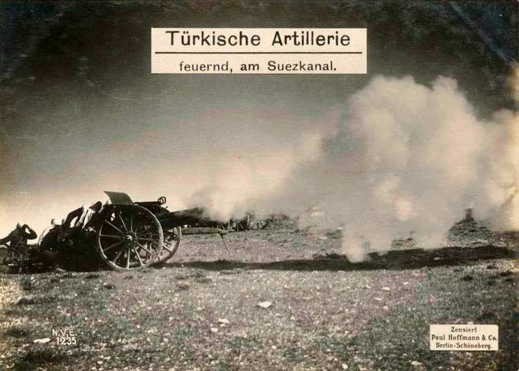 Turkish artillery firing on the Suez Canal. 
