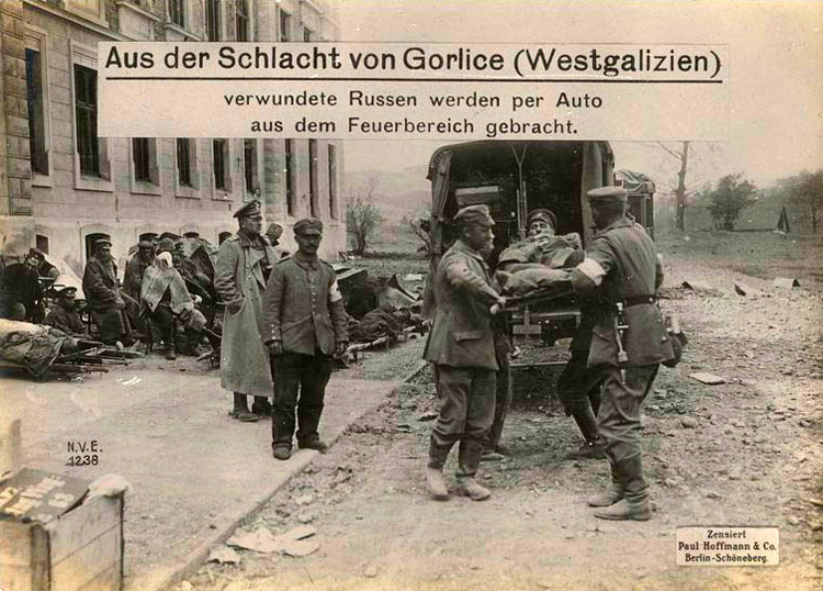 Battle of Gorlice (Western Galicia) wounded Russians are evacuated by car from the battlefield. 