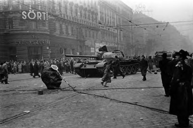 Budapest Downtown with a Soviet Tank and the Head of the Previously Toppled Stalin Statue 