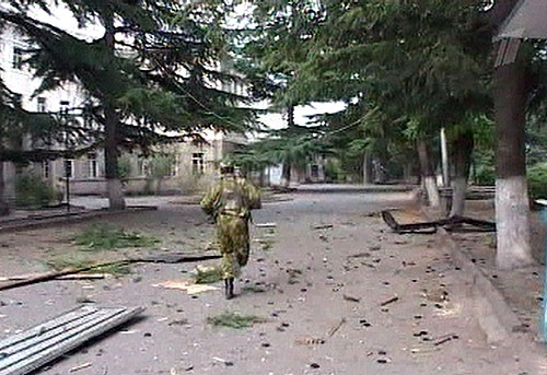 South Osetian guardsman on the street of Zhinvali