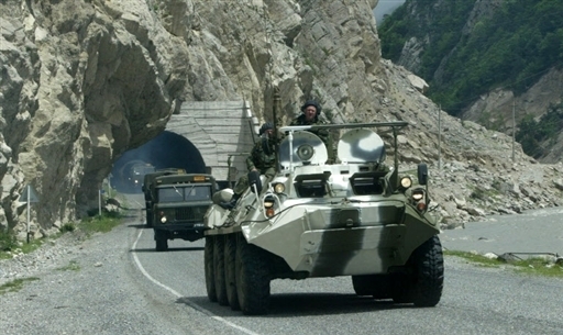 Russian armor near the Roksky tunnel on the border with South Ossetia